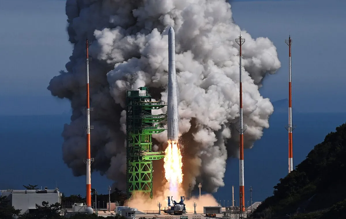 The Nuri rocket, the first domestically produced space rocket, lifts off from a launch pad at the Naro Space Center in Goheung, South Korea, on June 21, 2022. (Korea Pool/Yonhap via AP)