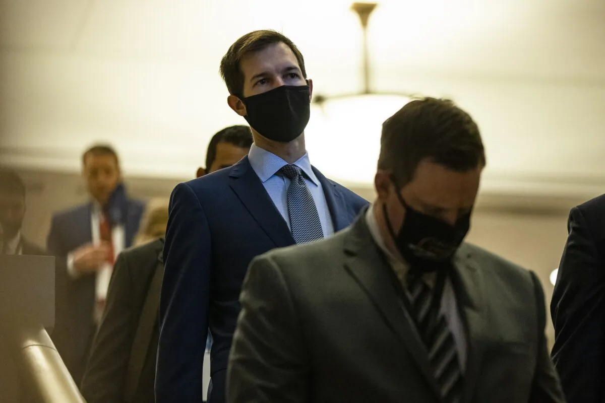 Rep. Jake Auchincloss (D-Mass.) travels in Washington on Nov. 13, 2020. (Samuel Corum/Getty Images)
