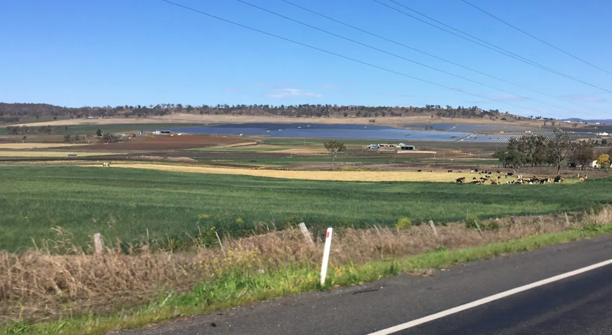 Solar panels on a property in northern NSW, Australia, in July 2021. (Melanie Sun/The Epoch Times)