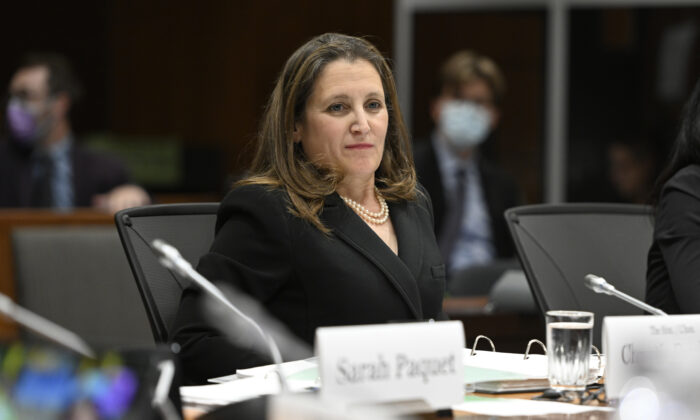 Deputy Prime Minister and Minister of Finance Chrystia Freeland takes part in the Special Joint Committee on the Declaration of Emergency surrounding the government's use of the Emergencies Act in February, in Ottawa on June 14, 2022. (The Canadian Press/Justin Tang)