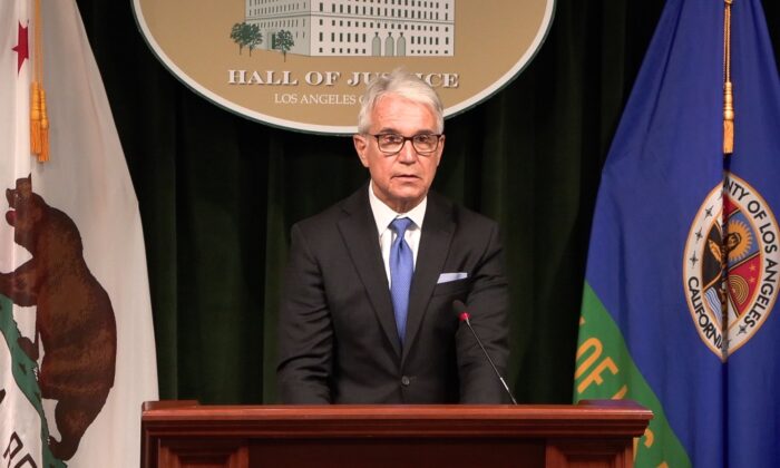 Los Angeles District Attorney George Gascon speaks at a press conference in Los Angeles on June 21, 2022. (NTD Television)