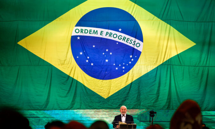 Former president of Brazil Luiz Inacio Lula da Silva speaks during an event to announce Lula's pre-candidacy for October presidential elections along with running mate Geraldo Alckmin at Expo Center Norte in Sao Paulo, Brazil, on May 7, 2022. (Buda Mendes/Getty Images)