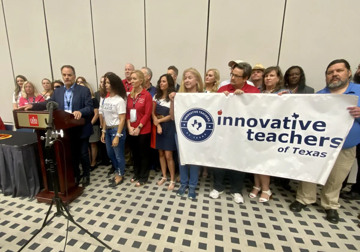 Texas Rep. Steve Toth (L) at a June 2022 news conference in Houston in June is among co-sponsors of bills that would establish a tax-credit scholarship program in the Lone Star State. (Darlene Sanchez/The Epoch Times)