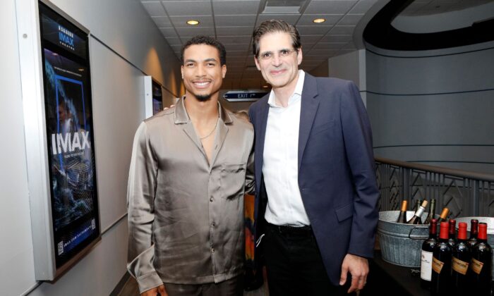  (L-R) Greg Tarzan Davis and Senator Josh Becker attend Paramount Pictures and the CA Film Commission's Screening of "Top Gun: Maverick" at Esquire IMAX Theatre in Sacramento, Calif. on May 11, 2022. (Kimberly White/Getty Images for Paramount Pictures)