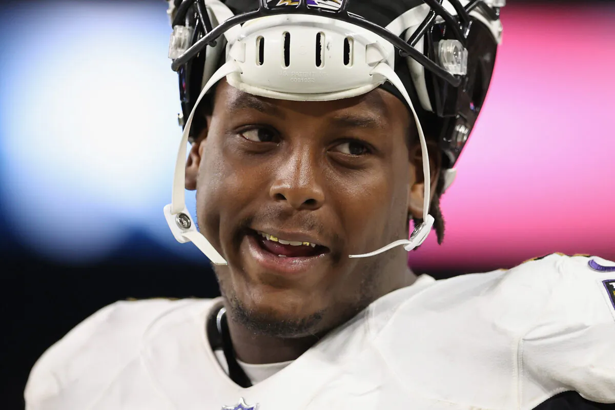 Linebacker Jaylon Ferguson #45 of the Baltimore Ravens on the sidelines during the NFL game at Allegiant Stadium in Las Vegas on Sept. 13, 2021. (Christian Petersen/Getty Images)