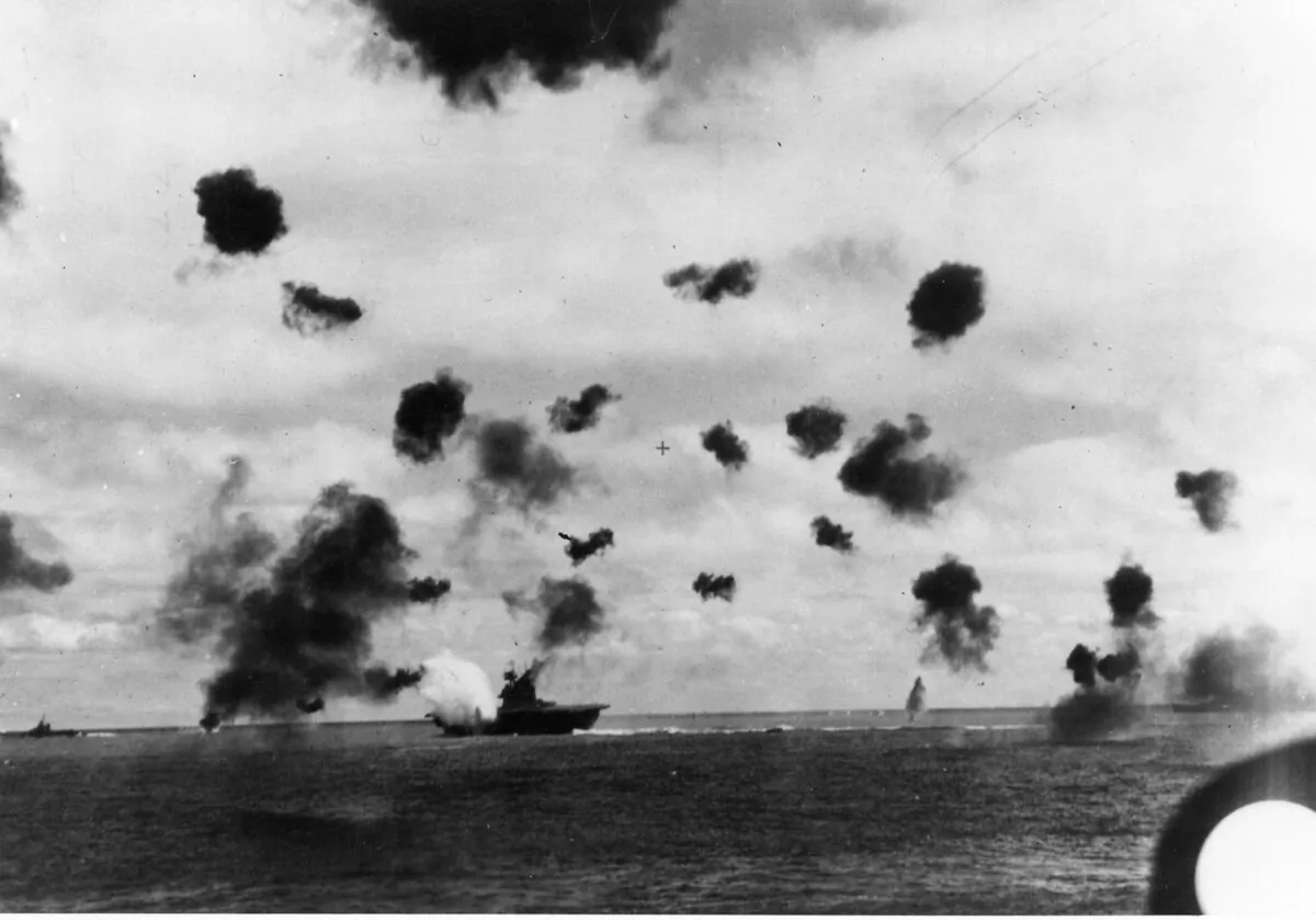 The USS Yorktown after it was hit by a torpedo during the Battle of Midway on June 4, 1942. (Courtesy of The National Museum of the Pacific War)