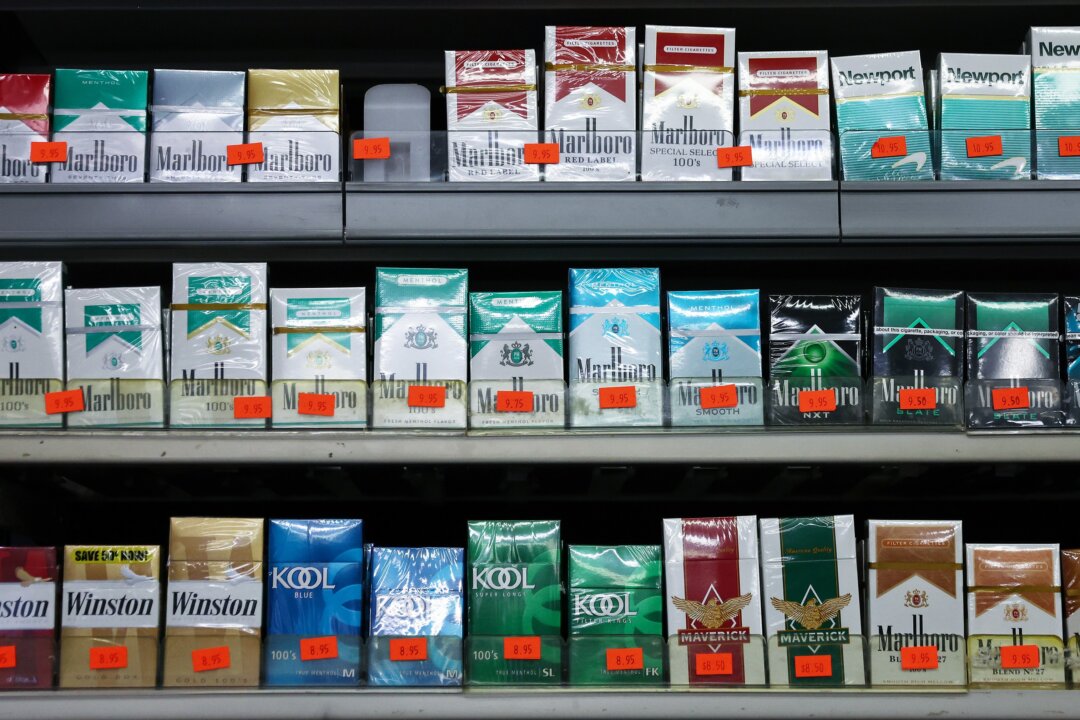 Cigarette packs on a shelf in a store in Los Angeles, Calif., on April 28, 2022. (Mario Tama/Getty Images)