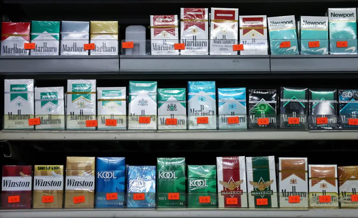 Cigarette packs on a shelf in a store in Los Angeles, Calif., on April 28, 2022. (Mario Tama/Getty Images)