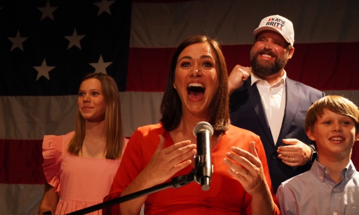 Republican Alabama U.S. Senate primary winner Katie Britt addressess supporters in a victory speech in Montgomery, Alabama, on June 21, 2022. (Jackson Elliott/Epoch Times)