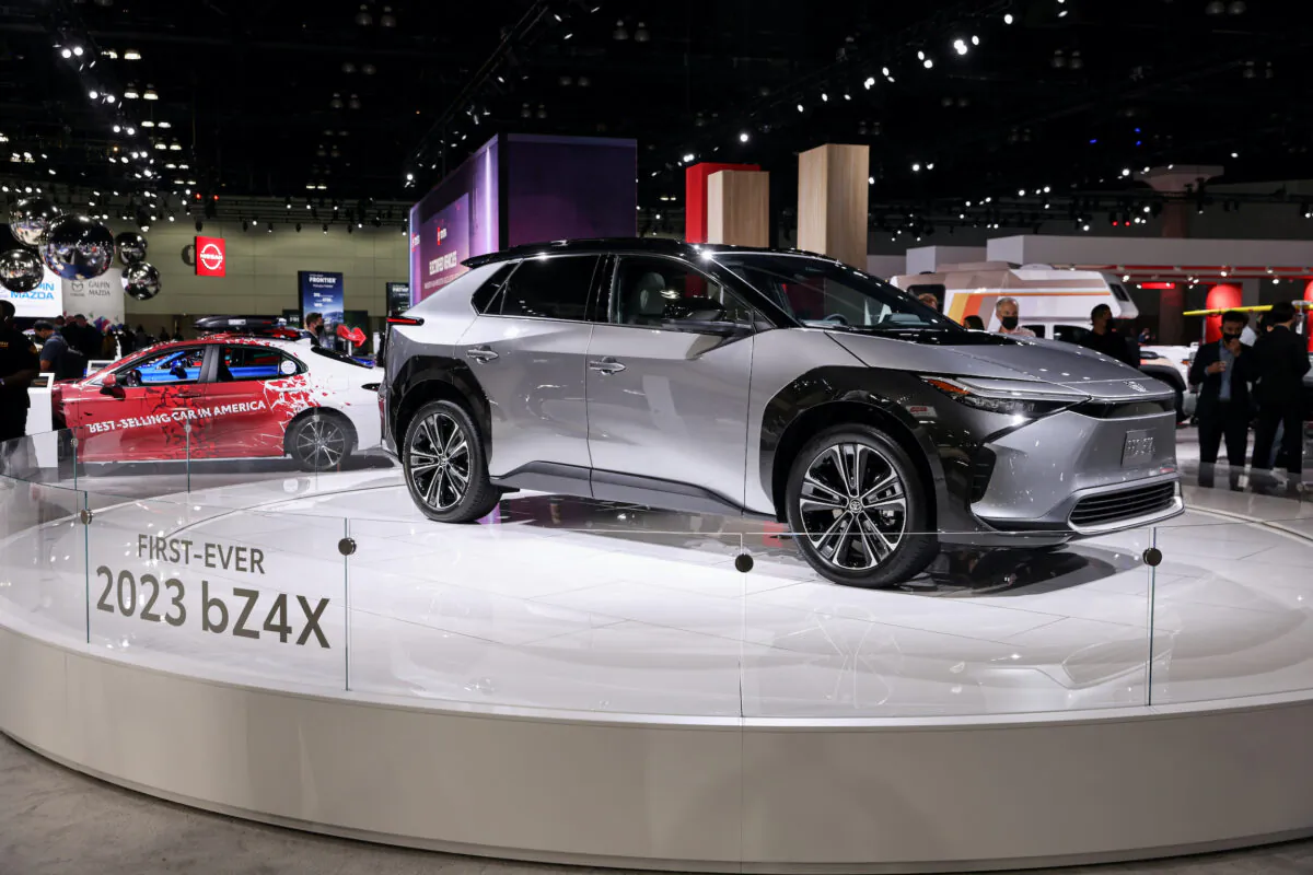 The 2023 Toyota bZ4X all-electric SUV is displayed during the 2021 LA Auto Show in Los Angeles, on Nov. 17, 2021. (Mike Blake/Reuters)