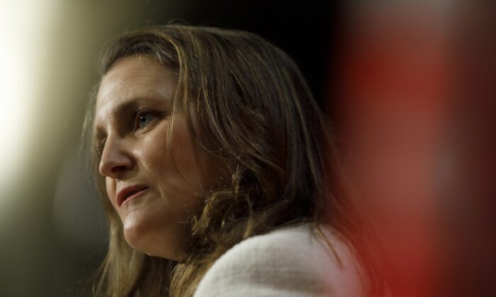 Canada’s Deputy Prime Minister Chrystia Freeland addresses a crowd at the Empire Club of Canada in Toronto, on June 16, 2022. (The Canadian Press/Cole Burston)