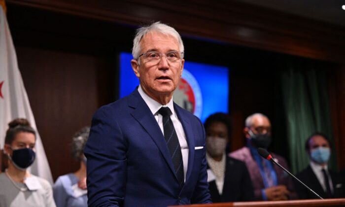 Los Angeles County District Attorney George Gascon speaks at a press conference in Los Angeles on Dec. 8, 2021. (Robyn Beck/Getty Images)