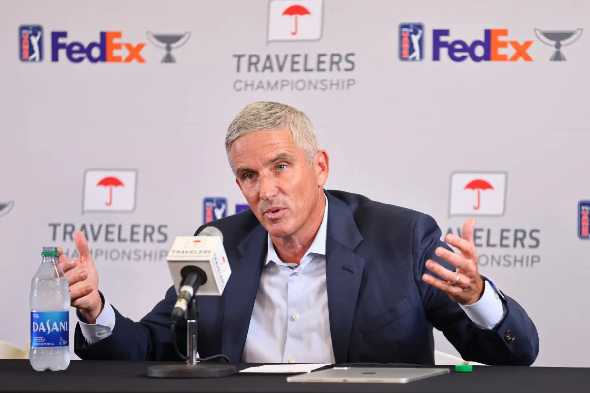 PGA Tour Commissioner Jay Monahan addresses the media during a press conference prior to the Travelers Championship at TPC River Highlands,in Cromwell, Conn., on June 22, 2022. (Michael Reaves/Getty Images)