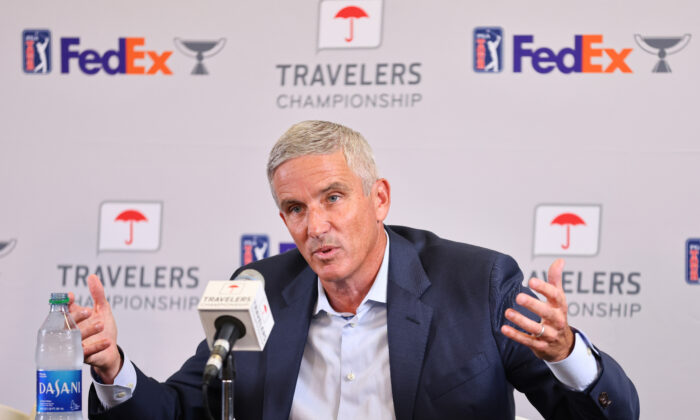 PGA Tour Commissioner Jay Monahan addresses the media during a press conference prior to the Travelers Championship at TPC River Highlands,in Cromwell, Conn., on June 22, 2022. (Michael Reaves/Getty Images)