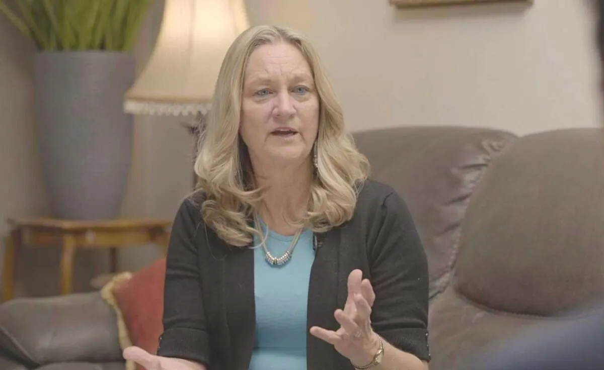 Brenda Lebsack, a teacher of 30 years and a former school board member for Orange Unified School District. (Crossroads/ Screenshot via The Epoch Times)
