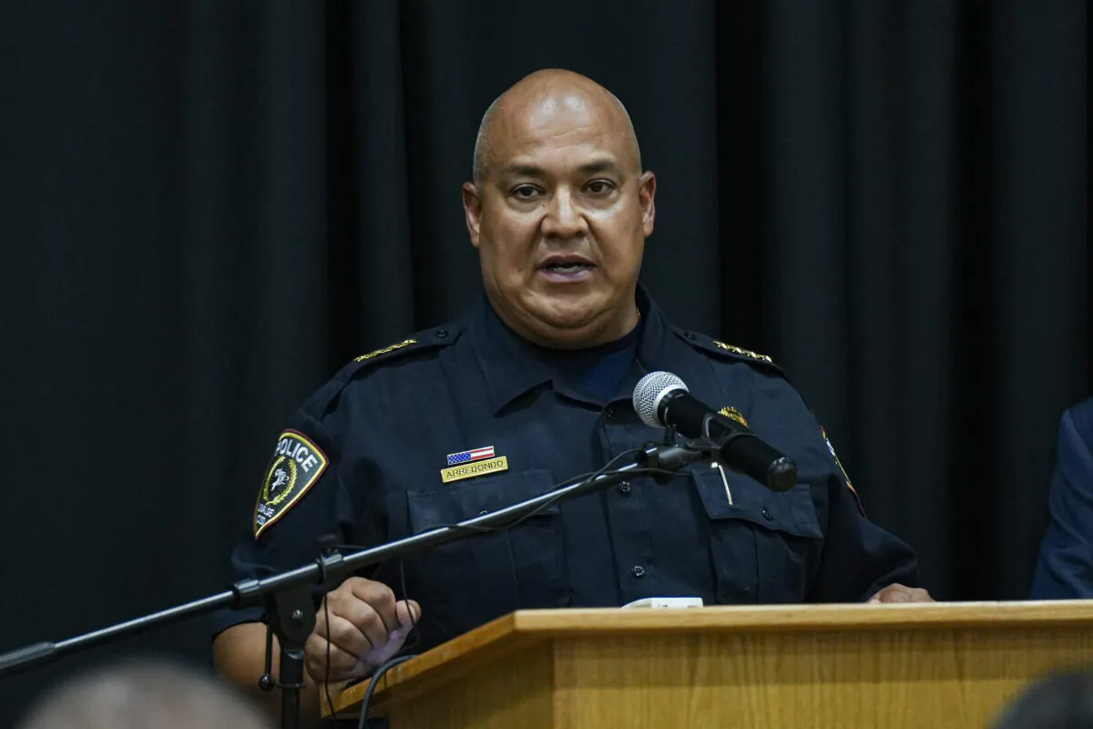 Pete Arredondo, chief of police for the Uvalde Consolidated Independent School District, speaks at a press conference following a mass school shooting in Uvalde, Texas, on May 24, 2022. (Charlotte Cuthbertson/The Epoch Times)