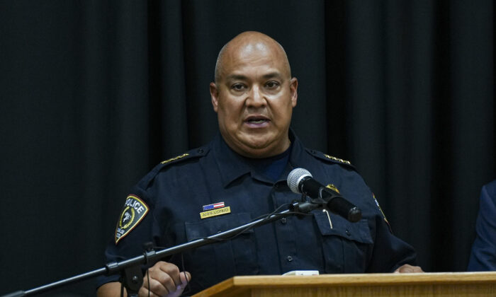Pete Arredondo, chief of police for the Uvalde Consolidated Independent School District, speaks at a press conference following a mass school shooting in Uvalde, Texas, on May 24, 2022. (Charlotte Cuthbertson/The Epoch Times)