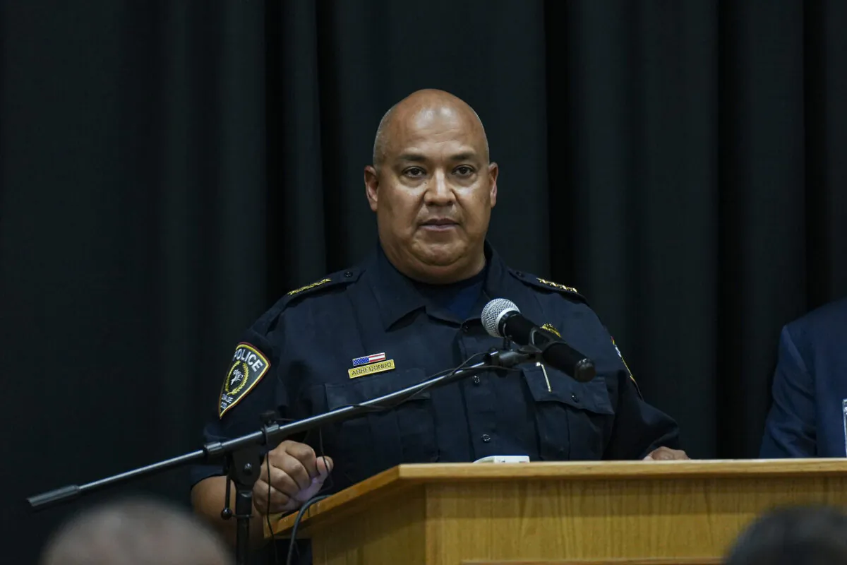 Pete Arredondo, chief of police for the Uvalde Consolidated Independent School District, speaks at a press conference, following a mass school shooting in Uvalde, Texas, on May 24, 2022. (Charlotte Cuthbertson/The Epoch Times)
