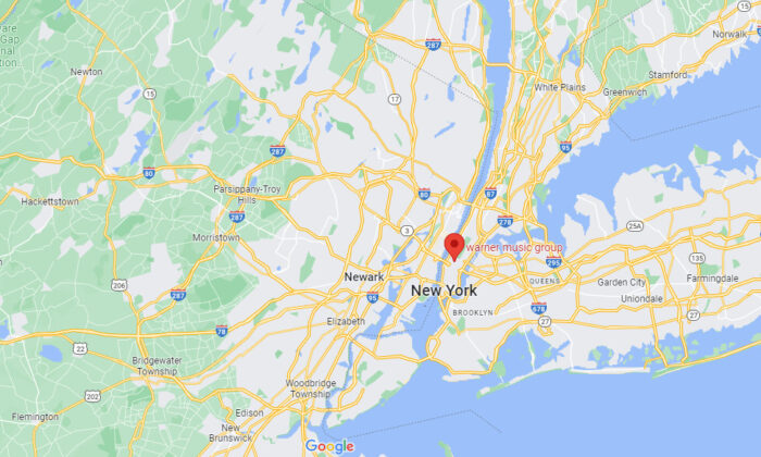 The location of Warner Music Group is shown on the map. (Google Maps/Screenshot via The Epoch Times)