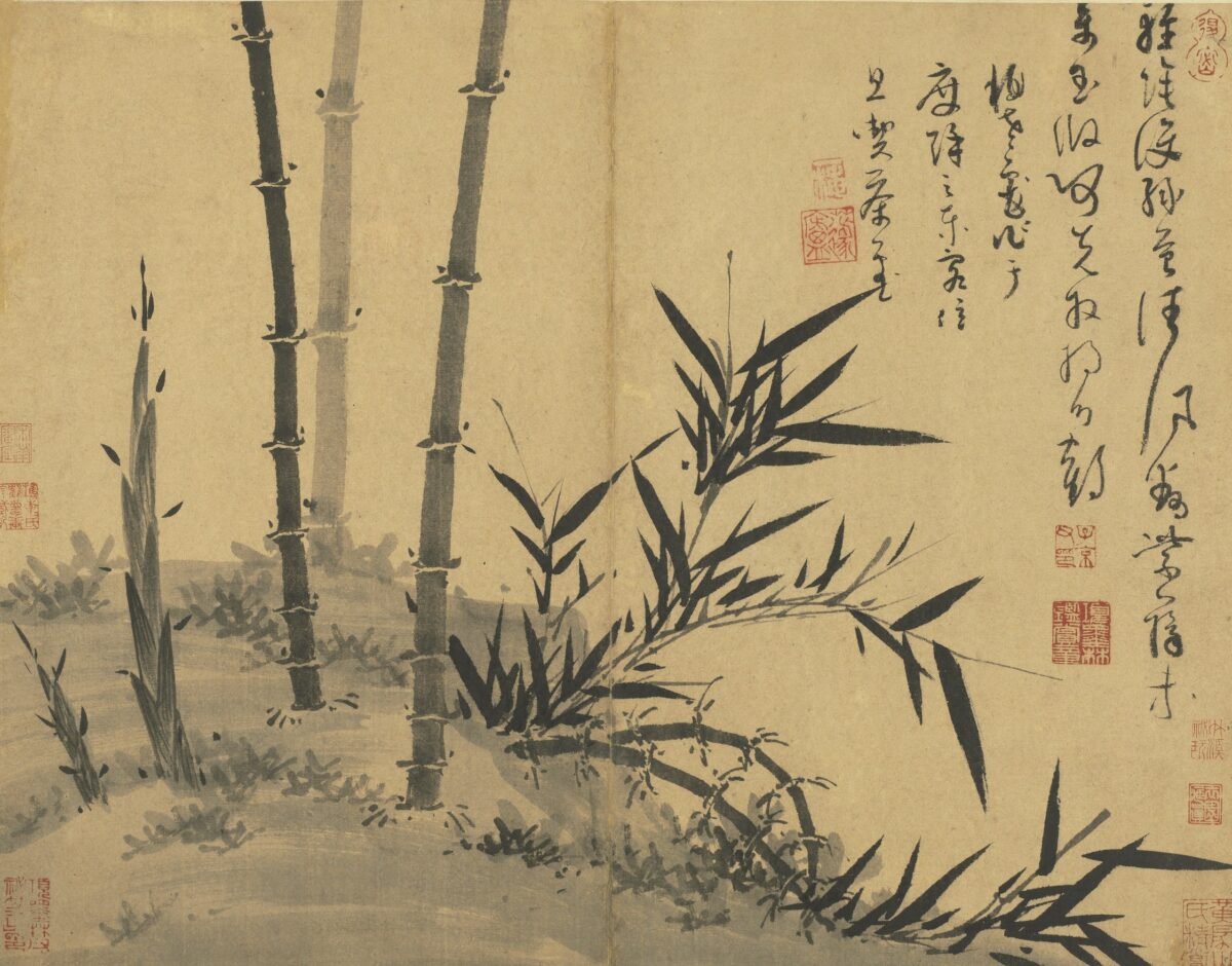 “Manual of Ink Bamboo, Light Shadows Cast Over Green Moss,” 1350, by Wu Zhen. Album leaf: Ink on paper, 15.9 inches by  20.5 inches. (National Palace Museum, Taipei)