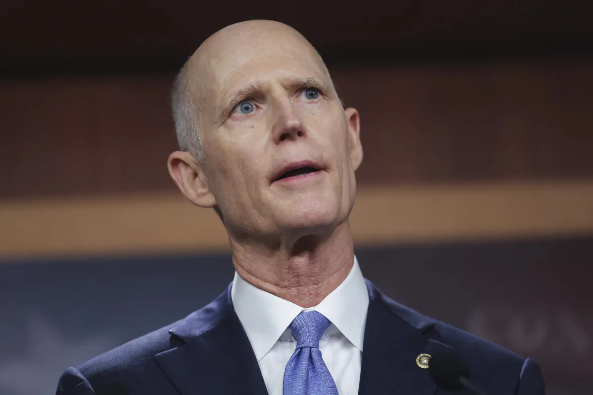 Sen. Rick Scott (R-Fla.) speaks to reporters in Washington on May 4, 2022. (Kevin Dietsch/Getty Images)