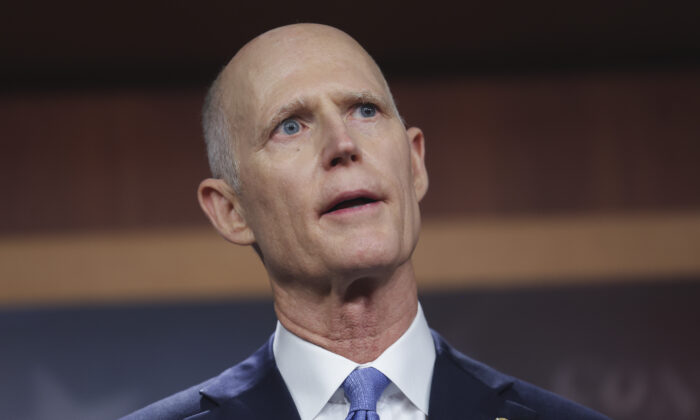 Sen. Rick Scott (R-Fla.) speaks to reporters in Washington on May 4, 2022. (Kevin Dietsch/Getty Images)