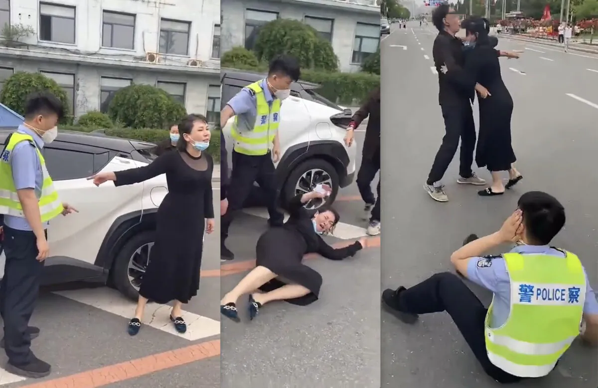 A police officer pushed a woman to the ground and then claims to be injured in Dandong, Liaoning Province on June 21, 2022. (Public Domain/Screenshot via The Epoch Times)