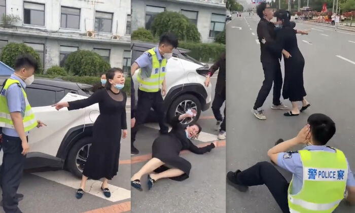 A police officer pushed a woman to the ground and then claims to be injured in Dandong,  Liaoning Province on June 21, 2022. (Public Domain/Screenshot via The Epoch Times)