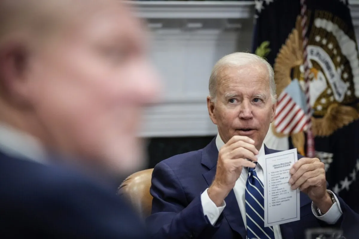President Joe Biden speaks during a meeting about the Federal-State Offshore Wind Implementation Partnership in the Roosevelt Room of the White House in Washington on June 23, 2022. (Drew Angerer/Getty Images)