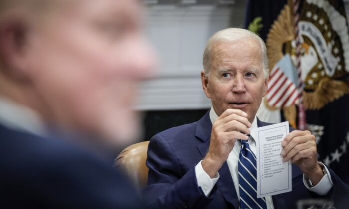 President Joe Biden speaks during a meeting about the Federal-State Offshore Wind Implementation Partnership in the Roosevelt Room of the White House in Washington on June 23, 2022. (Drew Angerer/Getty Images)