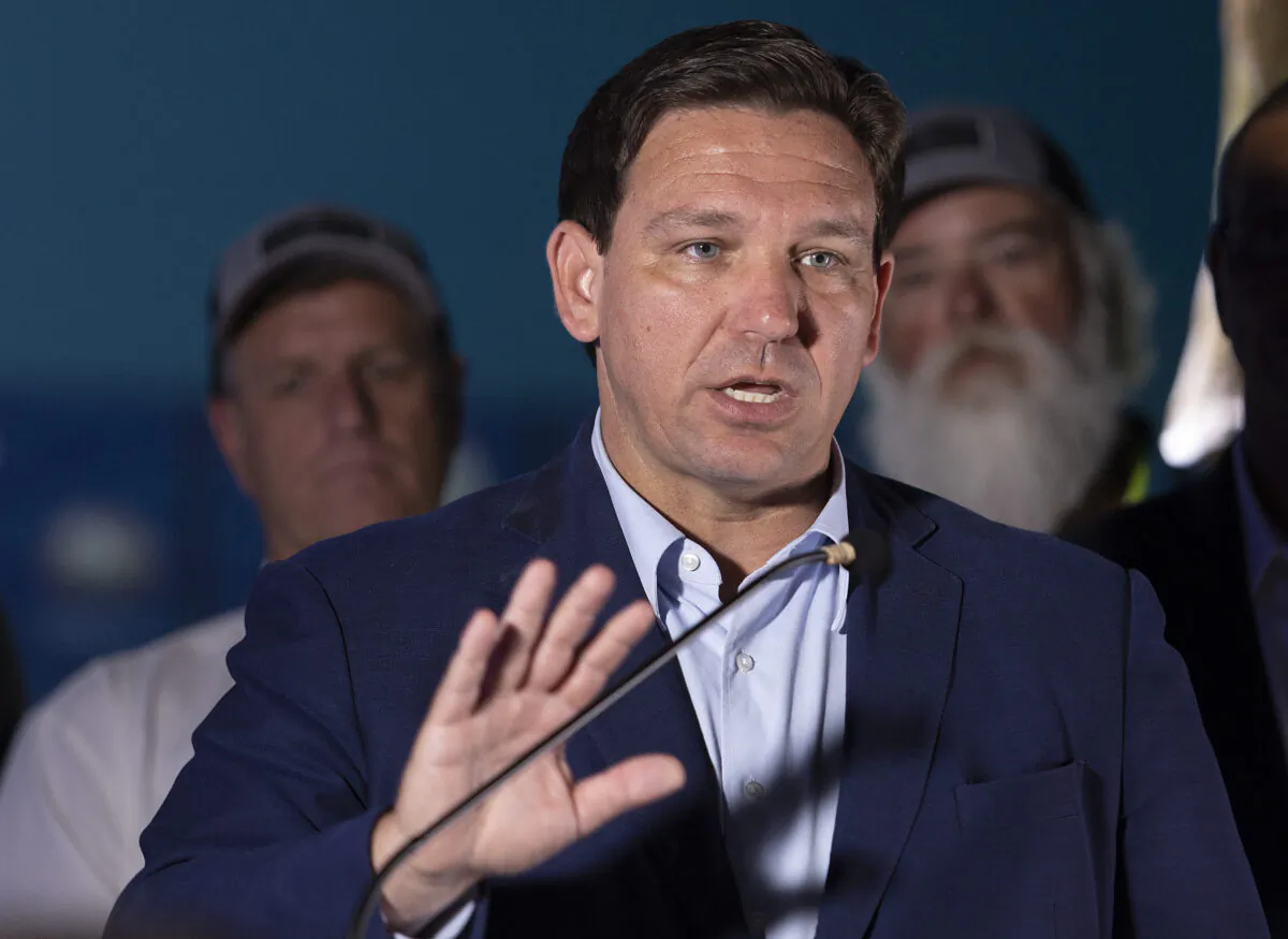 Florida Gov. Ron DeSantis speaks during a press conference held at the Cox Science Center & Aquarium in West Palm Beak, Fla., on June 8, 2022. (Joe Raedle/Getty Images)
