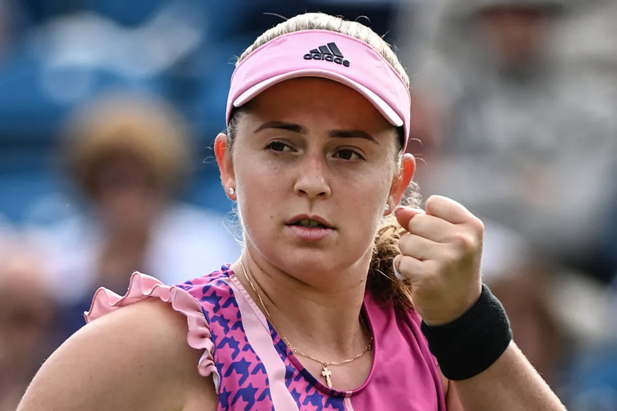 Latvia's Jelena Ostapenko celebrates after winning against Australia's Ajla Tomljanovic at the end of their round of 16 women's singles tennis match on day three of the Eastbourne International tennis tournament in Eastbourne, southern England, on June 21, 2022. (Glyn Kirk/AFP via Getty Images)