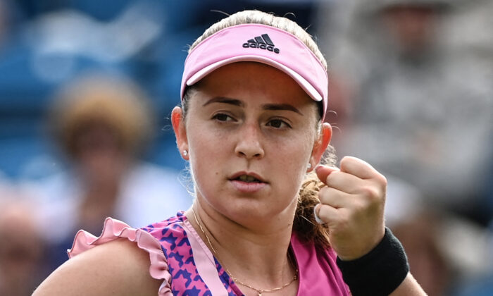 Latvia's Jelena Ostapenko celebrates after winning against Australia's Ajla Tomljanovic at the end of their round of 16 women's singles tennis match on day three of the Eastbourne International tennis tournament in Eastbourne, southern England, on June 21, 2022. (Glyn Kirk/AFP via Getty Images)