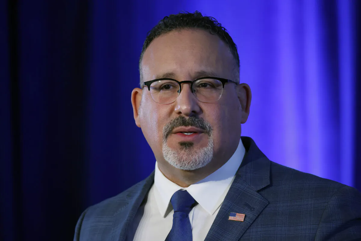 Education Secretary Miguel Cardona delivers remarks at the department's Lyndon Baines Johnson Building in Washington on Jan. 27, 2022. (Chip Somodevilla/Getty Images)