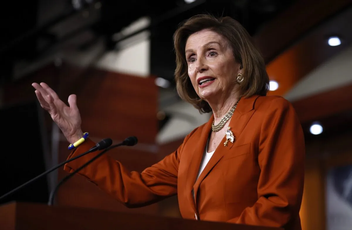 Speaker of the House Nancy Pelosi (D-Calif.) talks to reporters minutes after the U.S. Supreme Court struck down Roe v. Wade in the Capitol Visitors Center in Washington on June 24, 2022. (Chip Somodevilla/Getty Images)