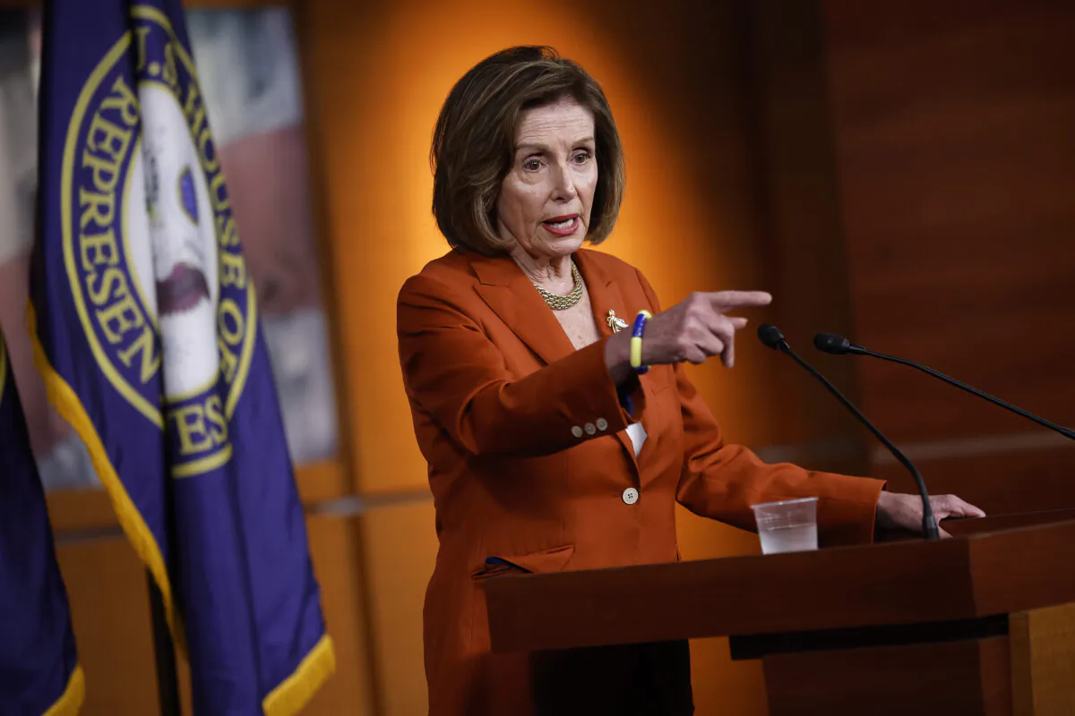 Speaker of the House Nancy Pelosi (D-Calif.) talks to reporters minutes after the U.S. Supreme Court struck down Roe v. Wade, in the Capitol Visitors Center in Washington on June 24, 2022. (Chip Somodevilla/Getty Images)
