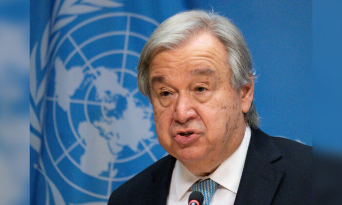U.N. Secretary-General Antonio Guterres addresses reporters during a news conference in New York on June 8, 2022. (Mary Altaffer/AP Photo)