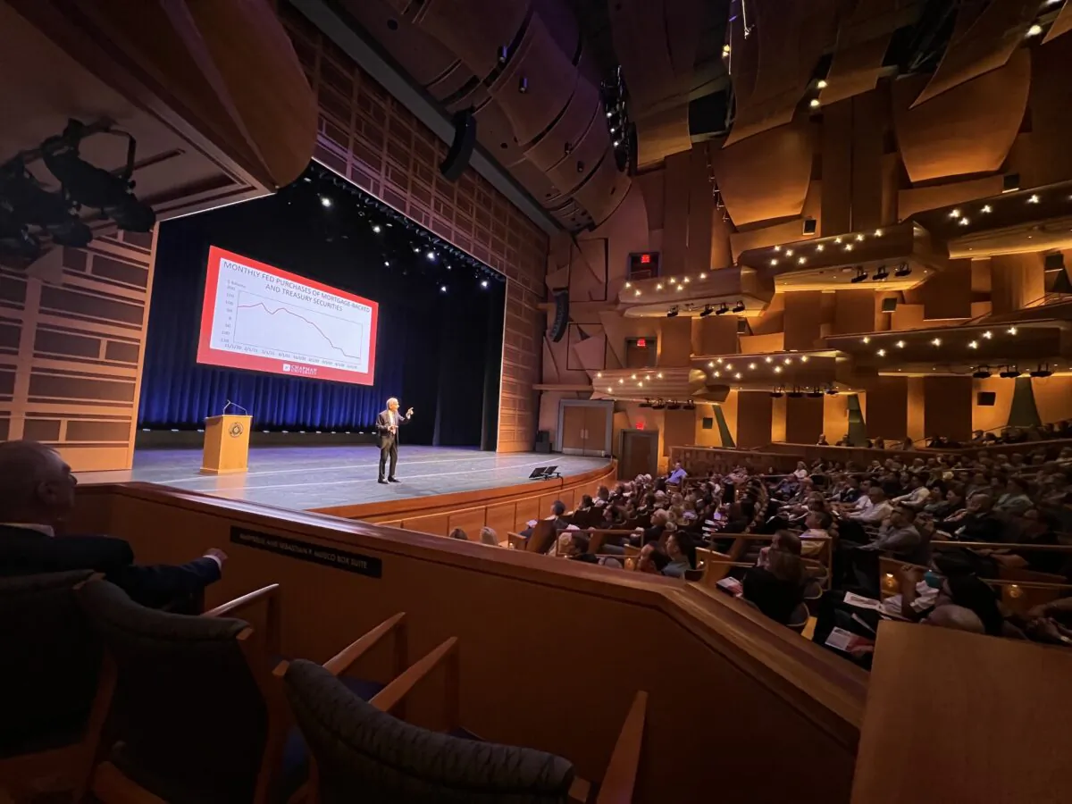 Jim Doti, president emeritus of Chapman University speaks at the Economic Forecast Update 2022 in Orange, Calif., on June 23, 2022. (Zach Li/The Epoch Times)