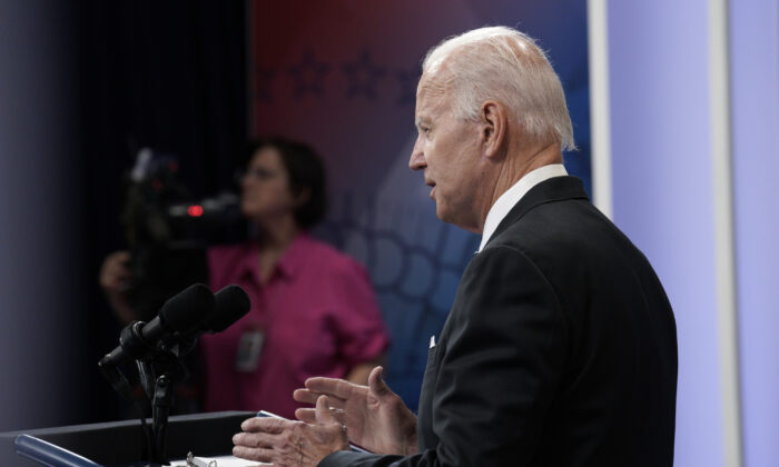 President Joe Biden discusses gas prices in the South Court Auditorium at the White House in Washington on June 22, 2022. (Yuri Gripas/Abaca Press/TNS)