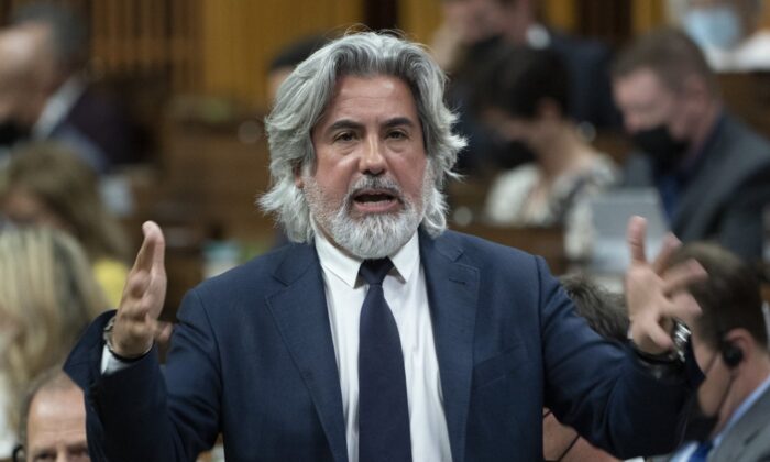 Canadian Heritage Minister Pablo Rodriguez rises during Question Period, May 2, 2022 in Ottawa. (The Canadian Press/Adrian Wyld)