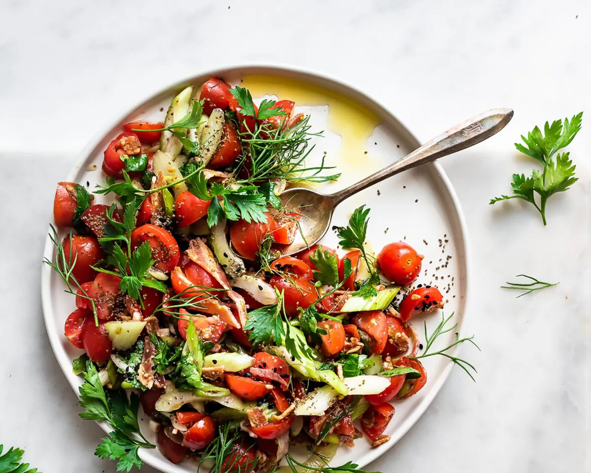Ripe summer tomatoes join forces with crunchy celery, salty bacon, and vibrant herbs in this hearty salad. (Jennifer McGruther)