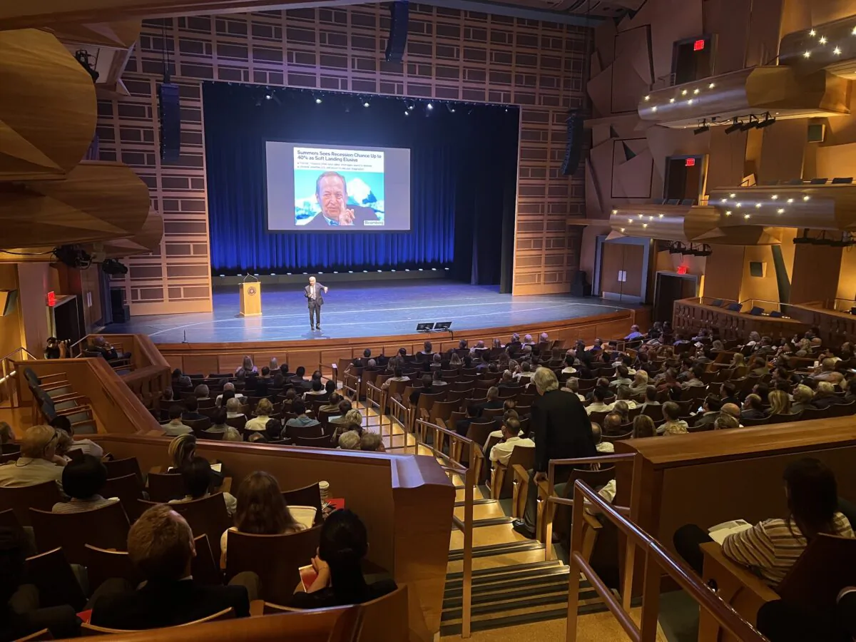 Jim Doti, president emeritus of Chapman University speaks at the Economic Forecast Update 2022 in Orange, Calif., on June 23, 2022. (Zach Li/The Epoch Times)