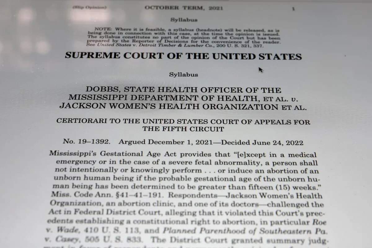 The opening of the majority opinion in Dobbs v. Jackson Women's Health. (Chip Somodevilla/Getty Images)