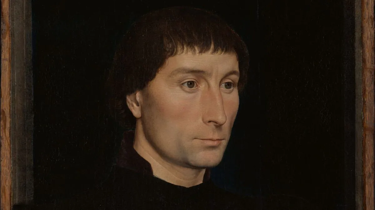 Detail of "Portrait of Tommaso di Folco Portinari," circa 1470, by Hans Memling. Oil on wood; 16 5/8 inches by 12 1/2 inches. Bequest of Benjamin Altman, 1913, The Metropolitan Museum of Art, New York. (Public Domain)
