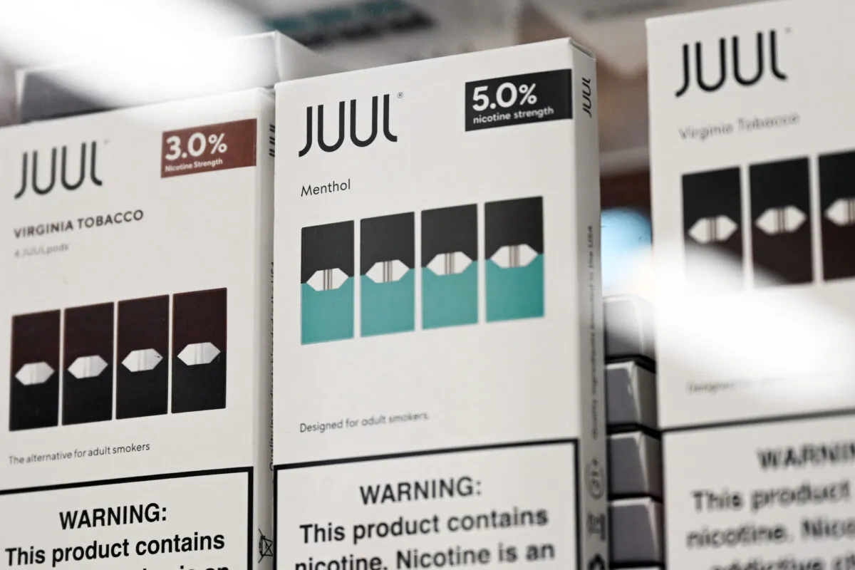 Juul Labs Inc. Virginia tobacco and menthol flavored vaping e-cigarette products are displayed in a convenience store in El Segundo, Calif., on June 23, 2022. (Patrick T. Fallon/AFP via Getty Images)