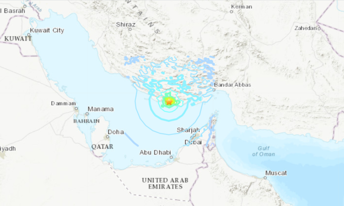 A map showing the location of a 5.6 magnitude earthquake that struck northeast of Kish Island in Hormozgan Province, Iran, on June 25, 2022. (USGS/Screenshot via The Epoch Times)