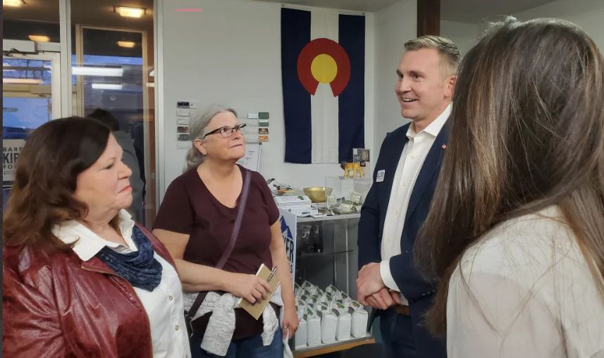 Former Green Beret and Colorado Republican Congressional candidate Tyler Allcorn speaks with voters at a March forum during his winning primary campaign to become one of 180 veterans running for the House and the Senate. (Courtesy of Allcorn For Colorado)