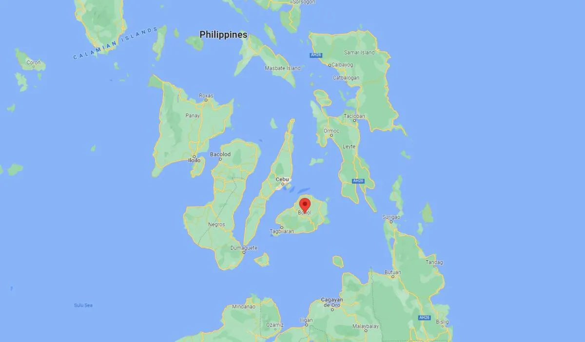 A map showing the location of the island of Bohol in the Philippines. (Google Maps/Screenshot via The Epoch Times)