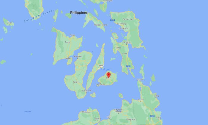 A map showing the location of the island of Bohol in the Philippines. (Google Maps/Screenshot via The Epoch Times)