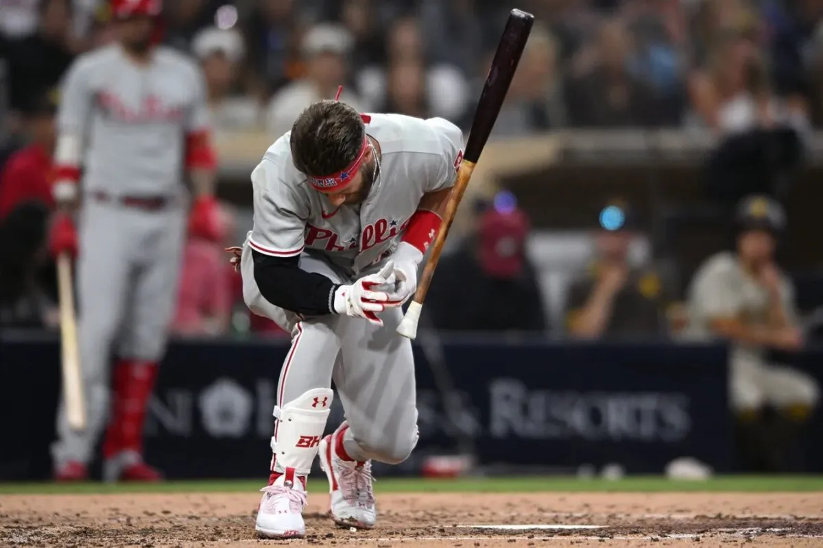Philadelphia Phillies designated hitter Bryce Harper (3) reacts after being hit by a pitch during the fourth inning against the San Diego Padres at Petco Park in San Diego on June 25, 2022. (Orlando Ramirez/USA TODAY Sports via Field Level Media)